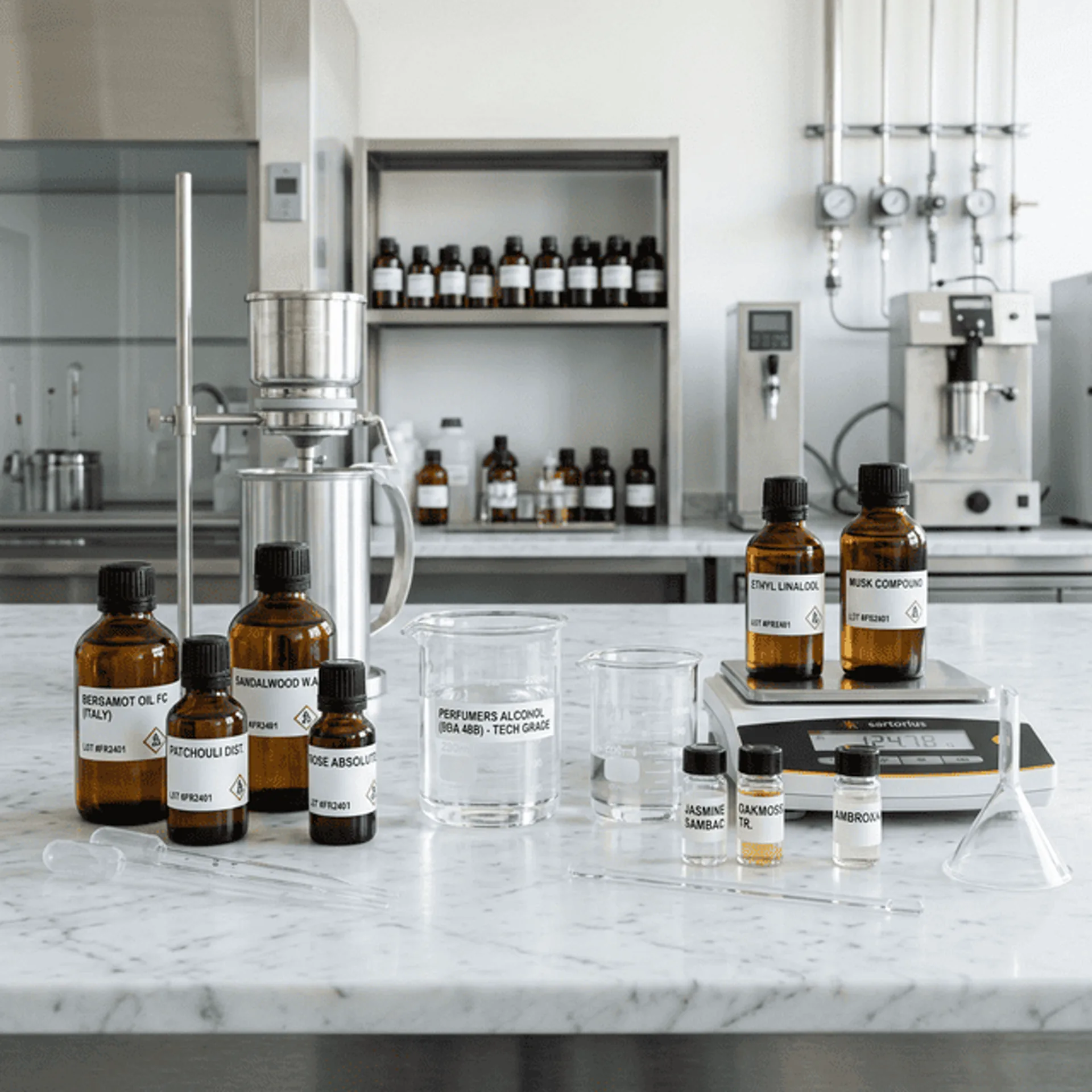 Perfumers alcohol containers on shelf